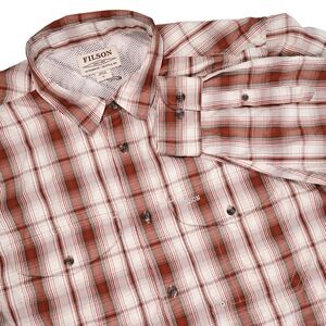 FILSON Men XL Rust Cream Plaid Twin Lakes Sport Long Sleeve Vented Fishing Shirt